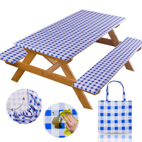 RNOONY 6ft blue picnic table cover offering rainproof protection for outdoor meals.