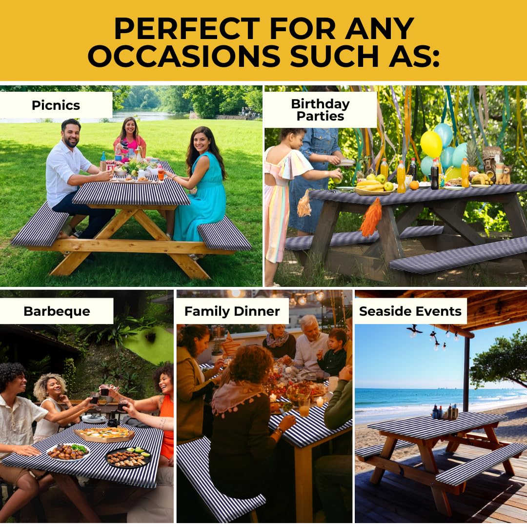 RNOONY blue-striped outdoor dining scene highlights practical protection.