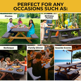 RNOONY blue-striped outdoor dining scene highlights practical protection.