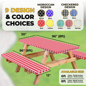 RNOONY bench covers fitted on 96x12 inch benches with red checkered pattern.