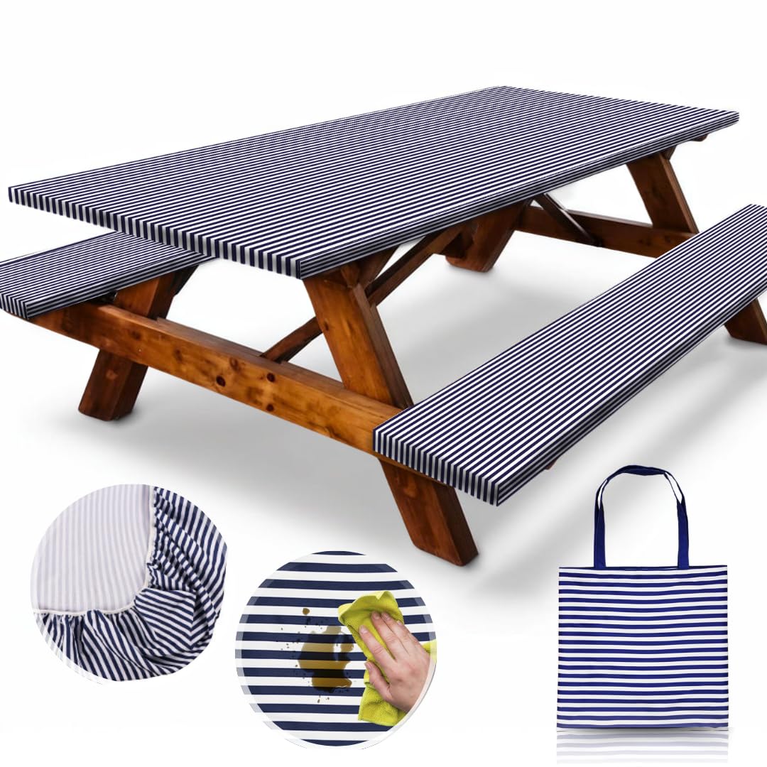RNOONY picnic table cover in blue stripes protects surfaces and cleans easily.