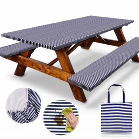 RNOONY picnic table cover in blue stripes protects surfaces and cleans easily.