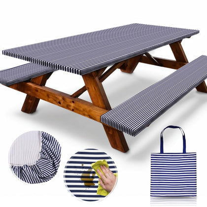 RNOONY picnic table cover in blue stripes protects surfaces and cleans easily.