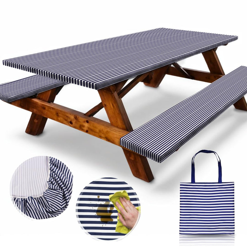 RNOONY picnic table cover in blue stripes protects surfaces and cleans easily.