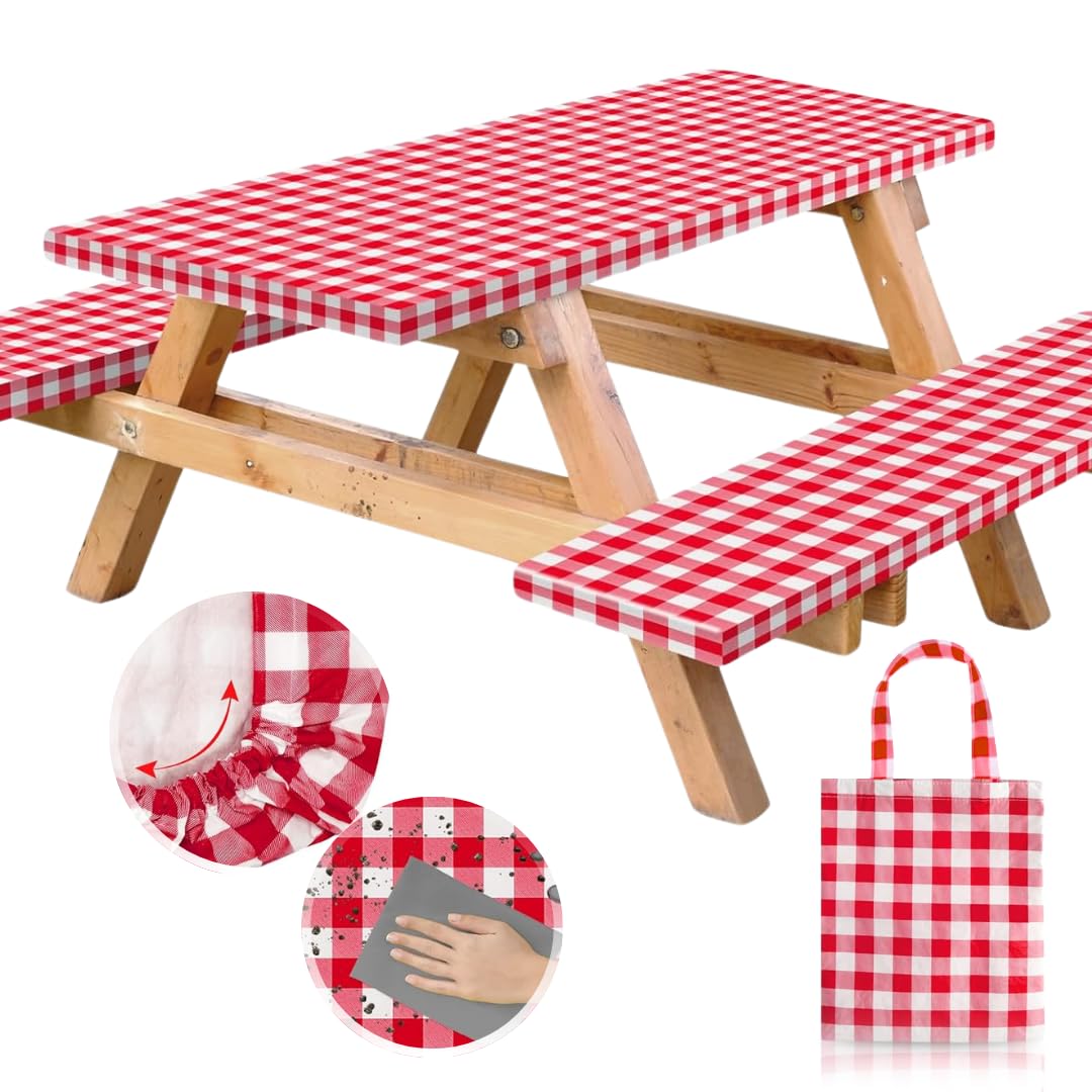 RNOONY vinyl fitted picnic table cover on an 8ft table with red checkered pattern, keeps surfaces clean.