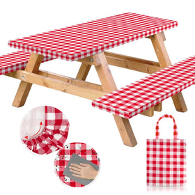 RNOONY vinyl fitted picnic table cover on an 8ft table with red checkered pattern, keeps surfaces clean.
