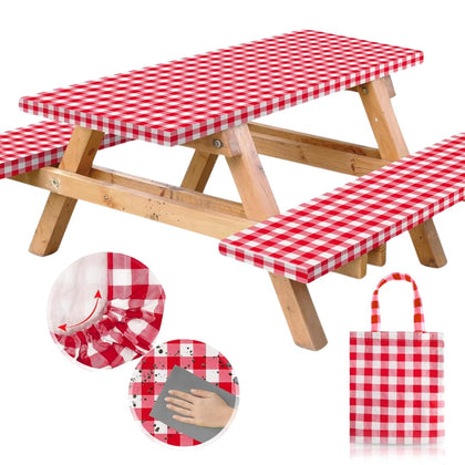 RNOONY vinyl fitted picnic table cover on an 8ft table with red checkered pattern, keeps surfaces clean.