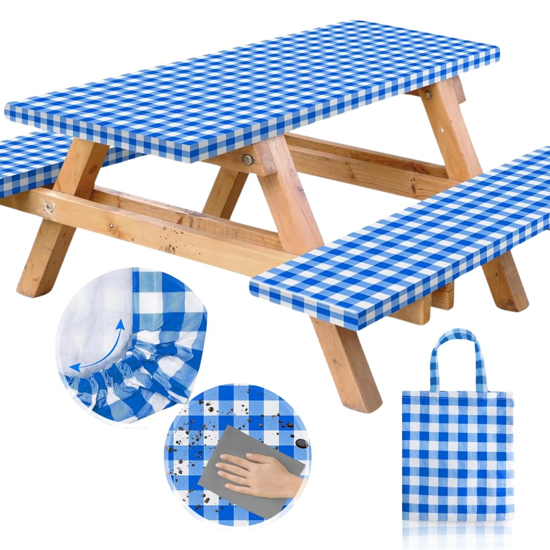 RNOONY vinyl fitted table cover with elastic edges protecting a table.