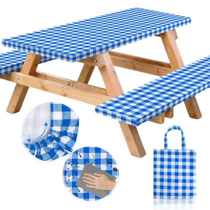 RNOONY vinyl fitted table cover with elastic edges protecting a table.