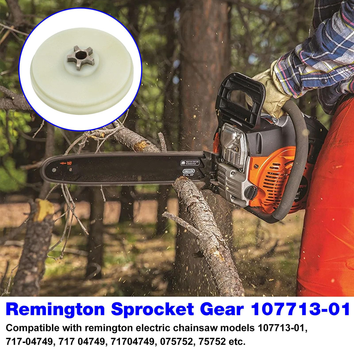 RO6G 107713-01 sprocket gear on Remington pole saw for maintenance.