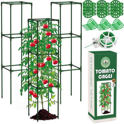 Roadplum 3-pack 48-inch tomato cages ready for sturdy vertical growth in vegetable beds.