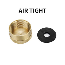 Roastove brass cap with rubber seal prevents leaks during storage.