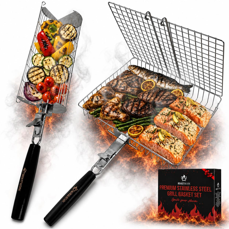 Roastwurks BBQ grill basket for meat ensures secure placement for even searing.