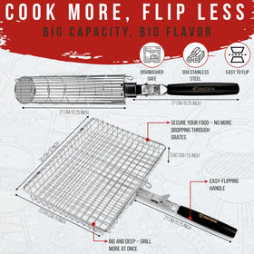 Roastwurks cylindrical grill basket for shrimp and vegetables for even grilling and smoky flavor.