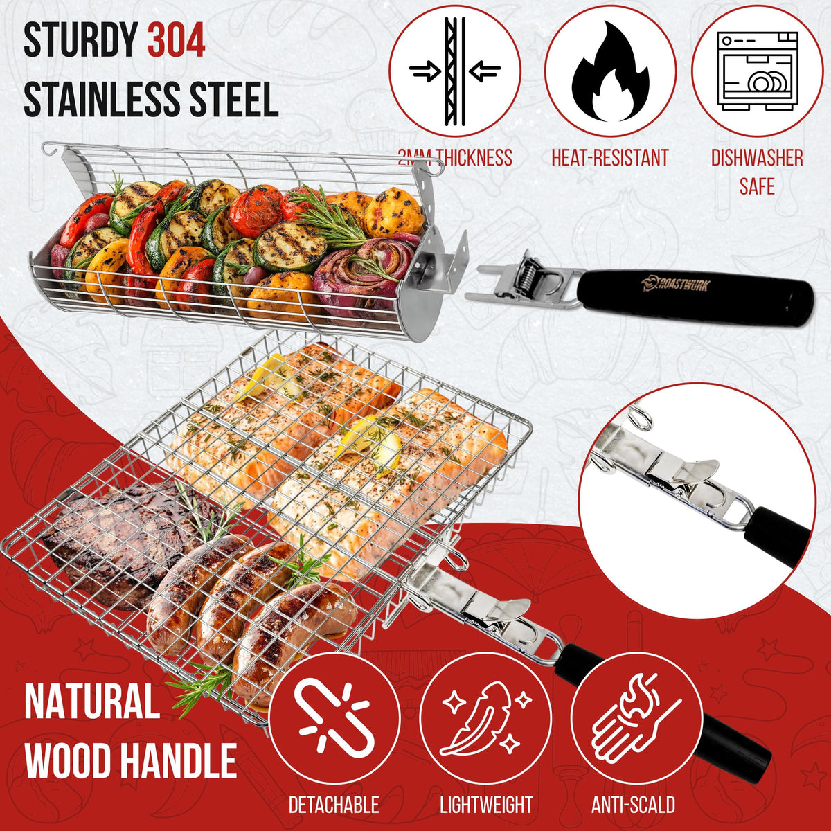 Roastwurks rotating 360 basket for uniform cooking on all sides.