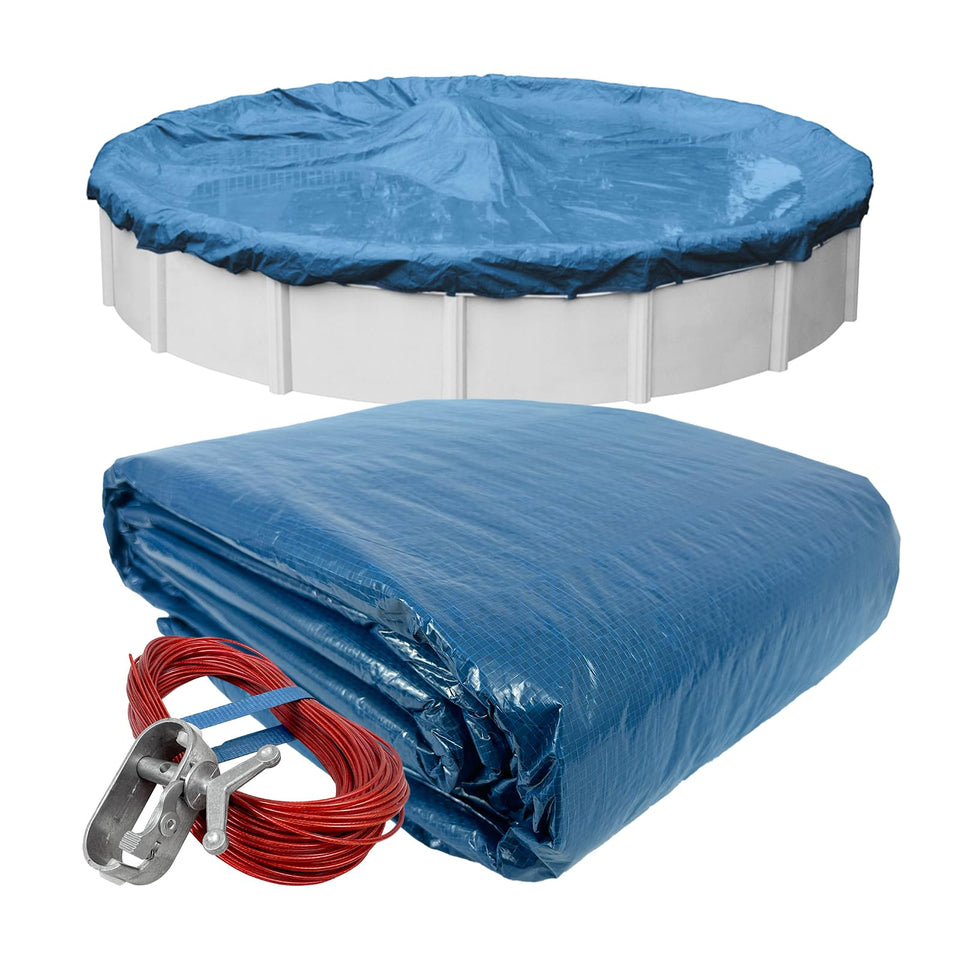 Robelle 24ft heavy-duty blue pool cover with 4ft overlap for easy installation.