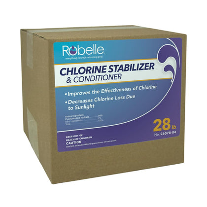 Robelle stabilizer bottle pouring into skimmer for quick dispersion and protection