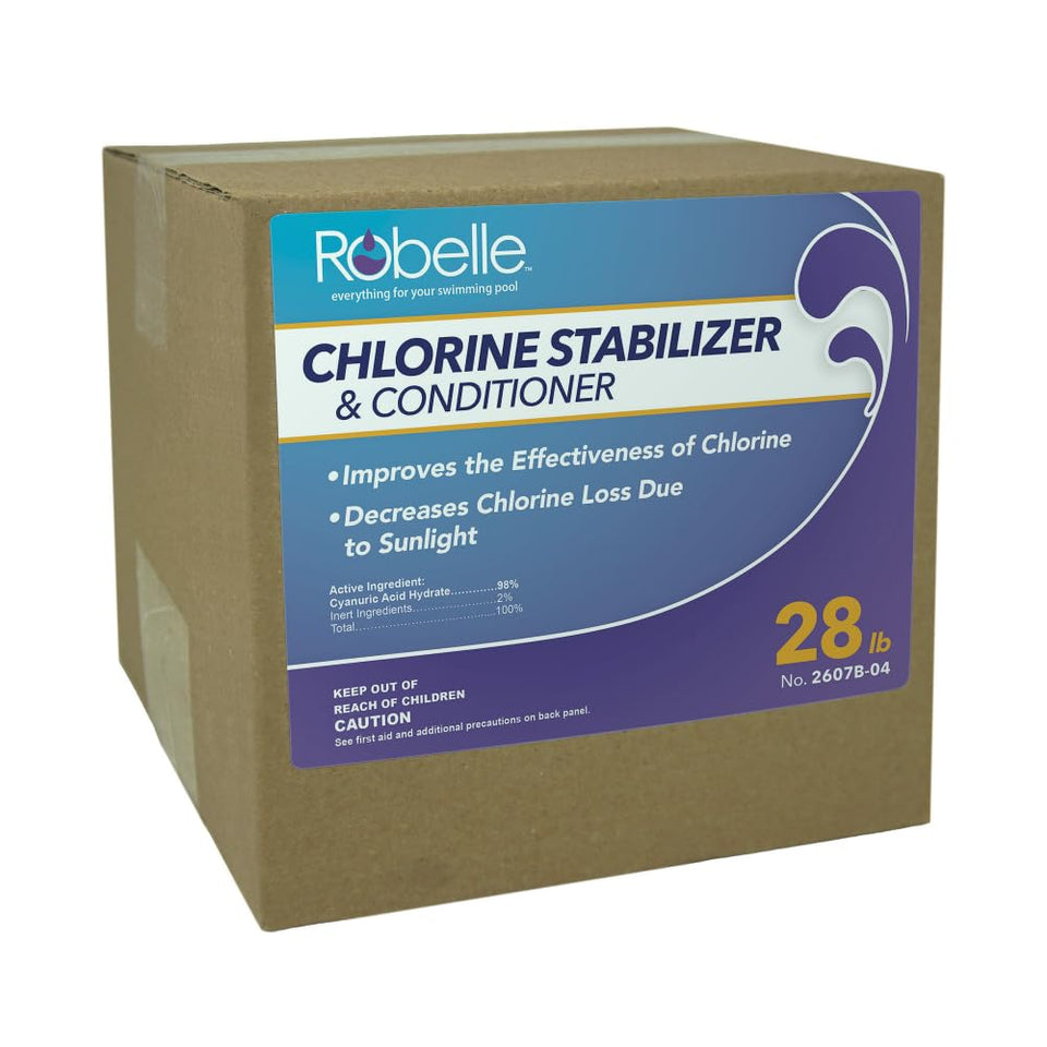 Robelle stabilizer bottle pouring into skimmer for quick dispersion and protection