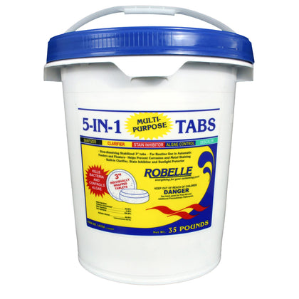 Robelle 35-pound tabs bottle closeup for easy pool maintenance