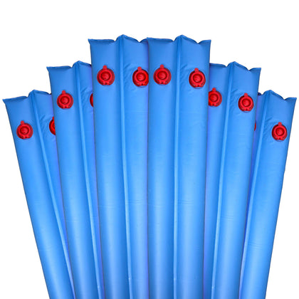 Robelle 8 ft pool cover weights arranged along a winter cover.