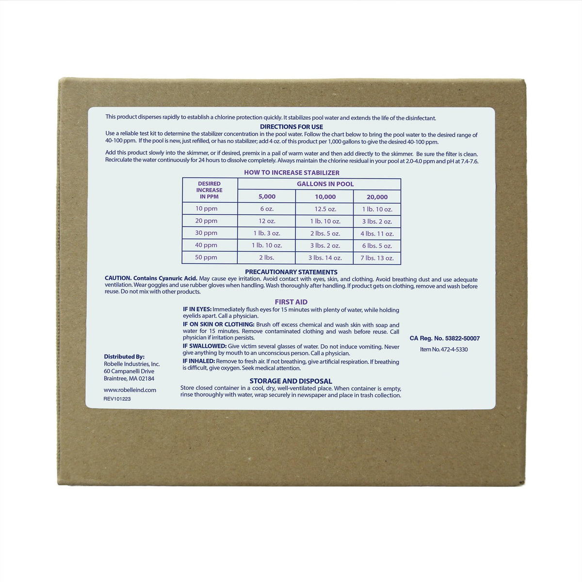 Robelle cyanuric acid stabilizer for pools protects chlorine from sun exposure