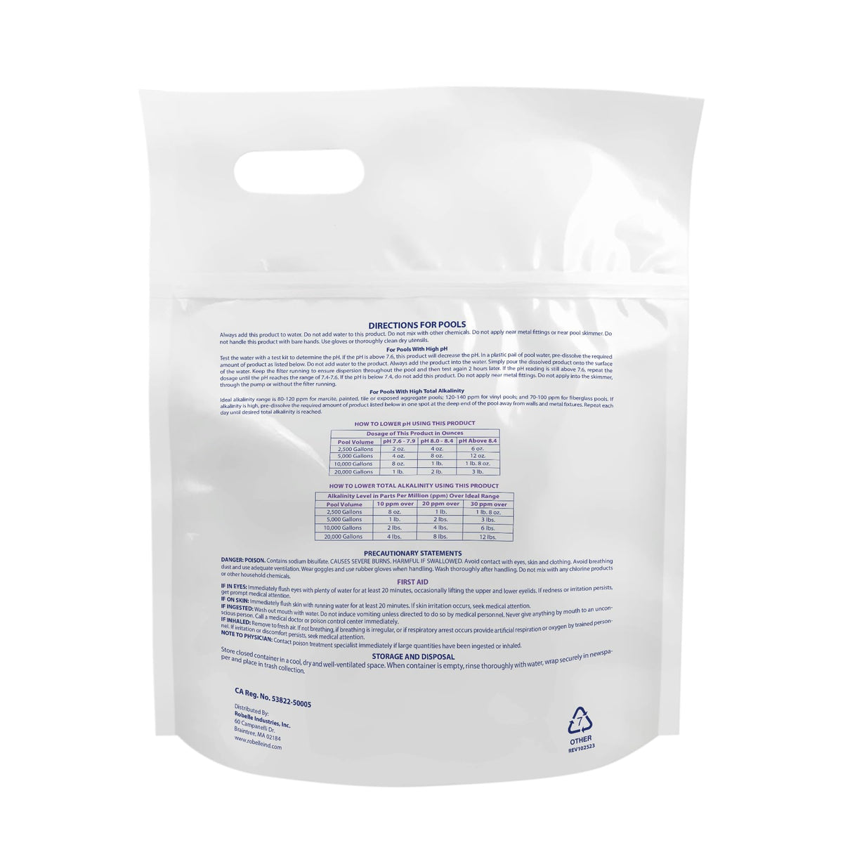 Robelle pH Down beside a test kit indicating pH balance target 7.2-7.6.