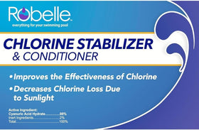 Robelle stabilizer being dispensed into pool skimmer for even dosing