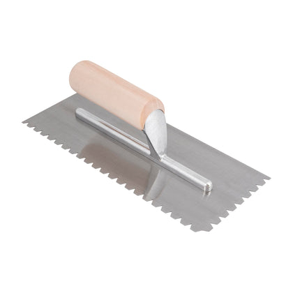 ROBERTS quarter-flat-top V-notch trowel blade for precise adhesive spread on wood flooring