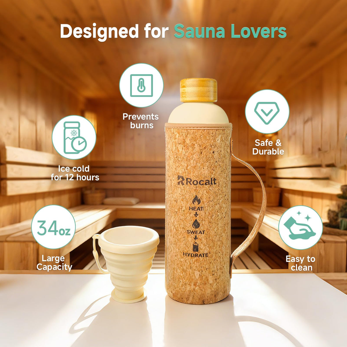 Rocalt sauna water bottle 34oz bamboo lid seals to prevent spills