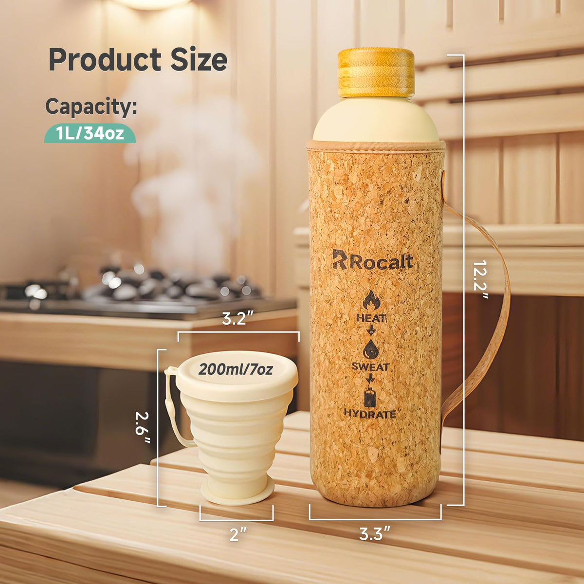 Rocalt sauna water bottle 34oz cork sleeve for heat insulation