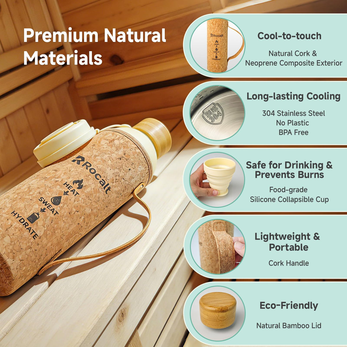 Rocalt sauna water bottle 34oz silicone cup for hygienic sipping