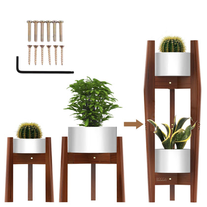 ROCCA 2-Tier Tall Plant Stand assembly showing simple setup and bamboo strength.