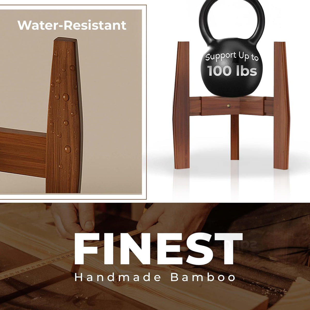 ROCCA bamboo stand secures smaller to larger pots across two tiers.