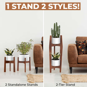 ROCCA wooden plant stand corner display highlights vertical space saving.
