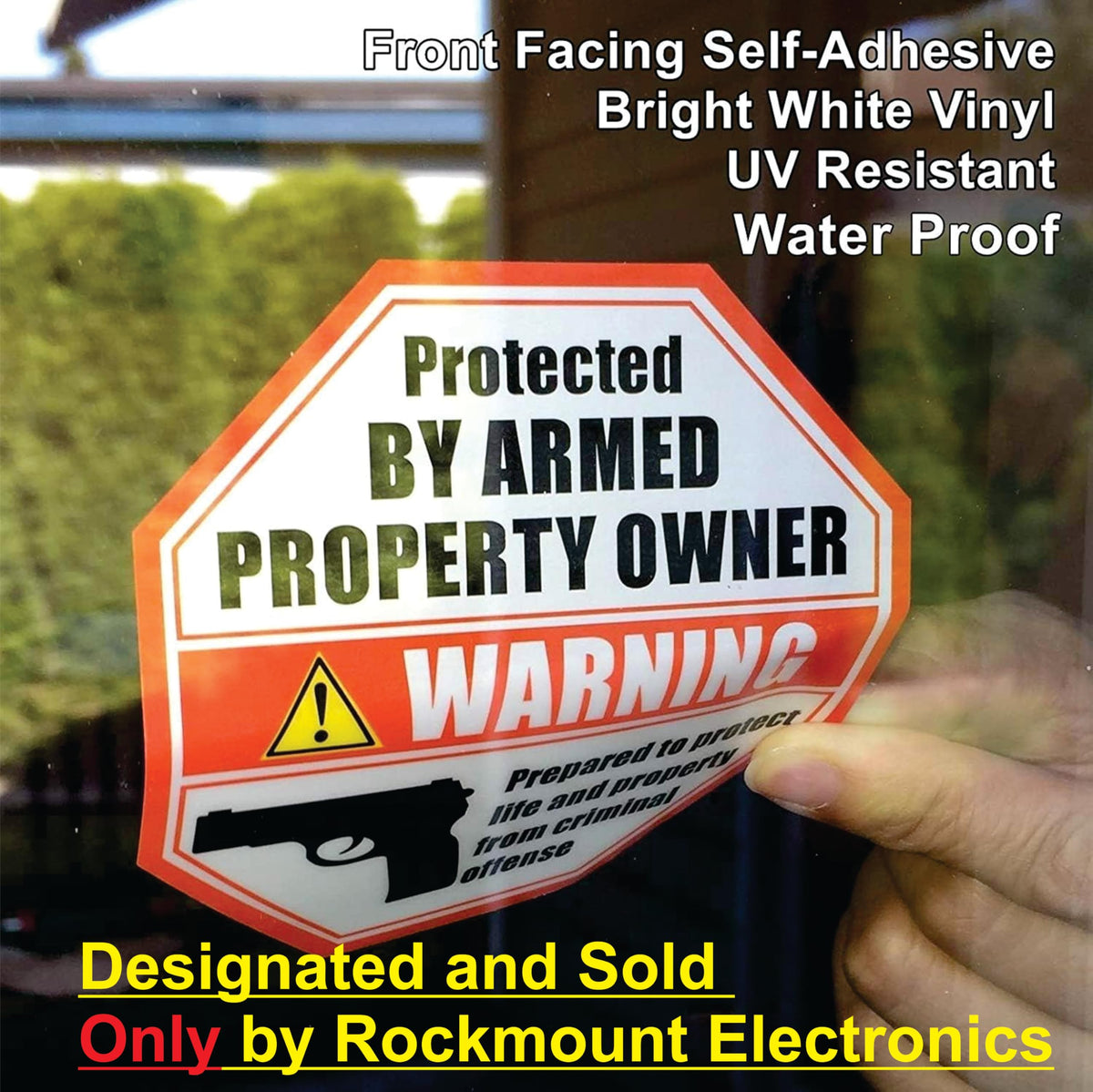 Rockmount Electronics Gun Danger warning sign on door glass enhances security awareness.