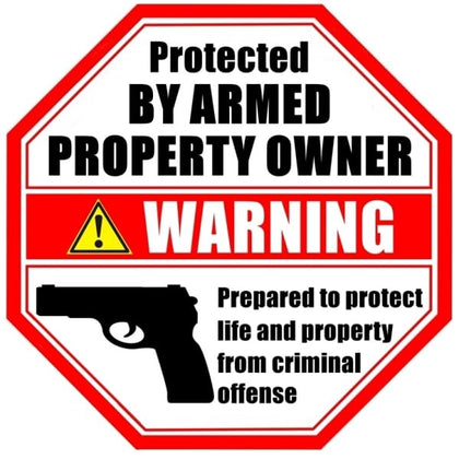 Rockmount Electronics Protected by Armed Property Owner sign on glass window deters intruders.