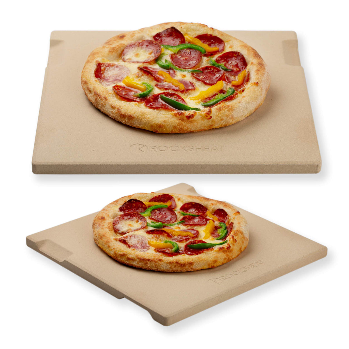 ROCKSHEAT pizza stone 12x12 square delivers even heat for crisp crusts.