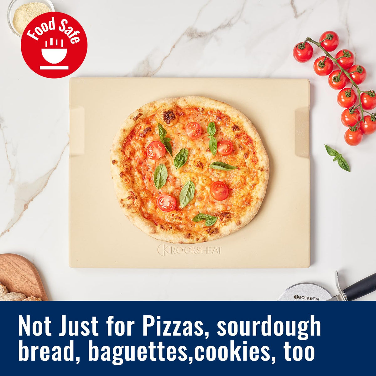 ROCKSHEAT pizza stone built-in-handles design simplifies safe transfer.