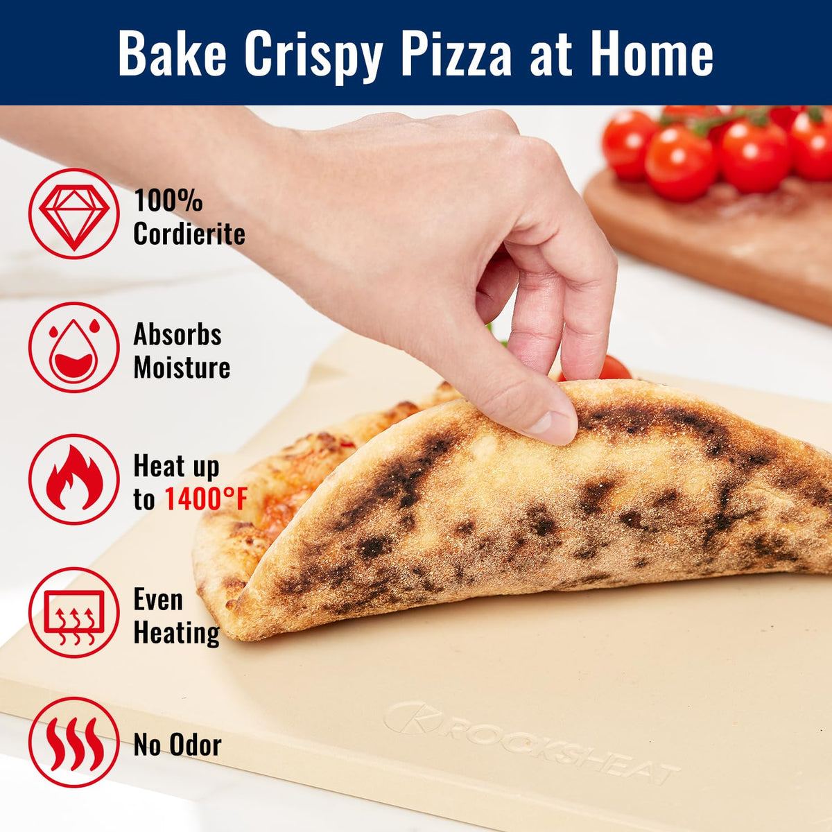 ROCKSHEAT pizza stone even heat highlights consistent cooking across slices.