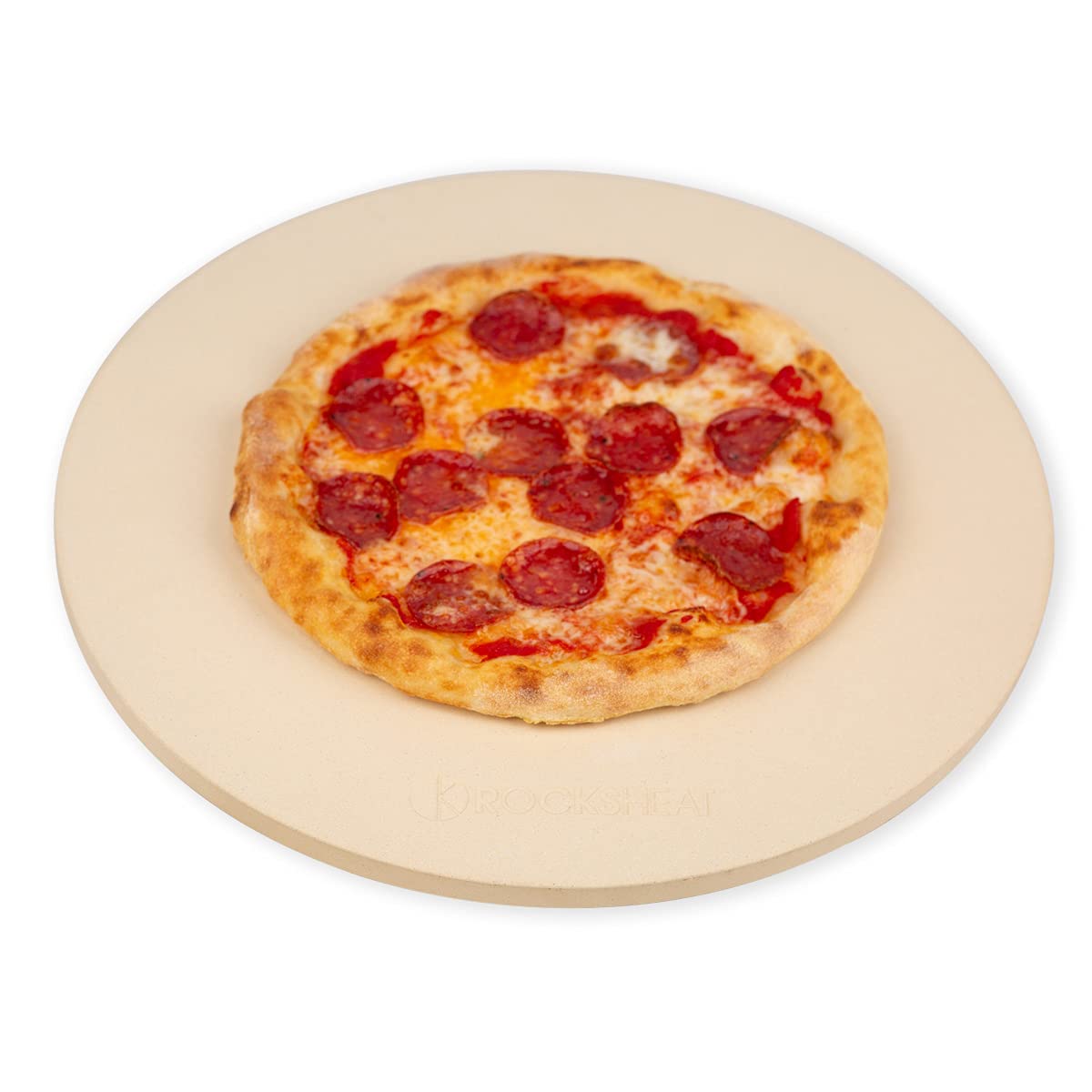 ROCKSHEAT round 16-inch pizza stone for even heat and crisp crust.