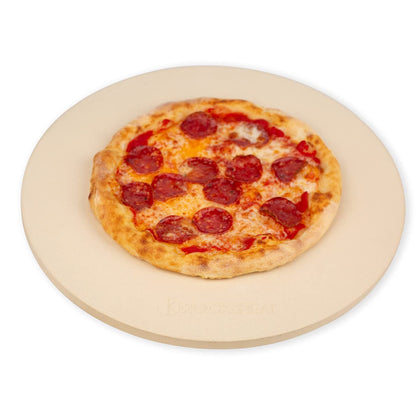 ROCKSHEAT round 16-inch pizza stone for even heat and crisp crust.