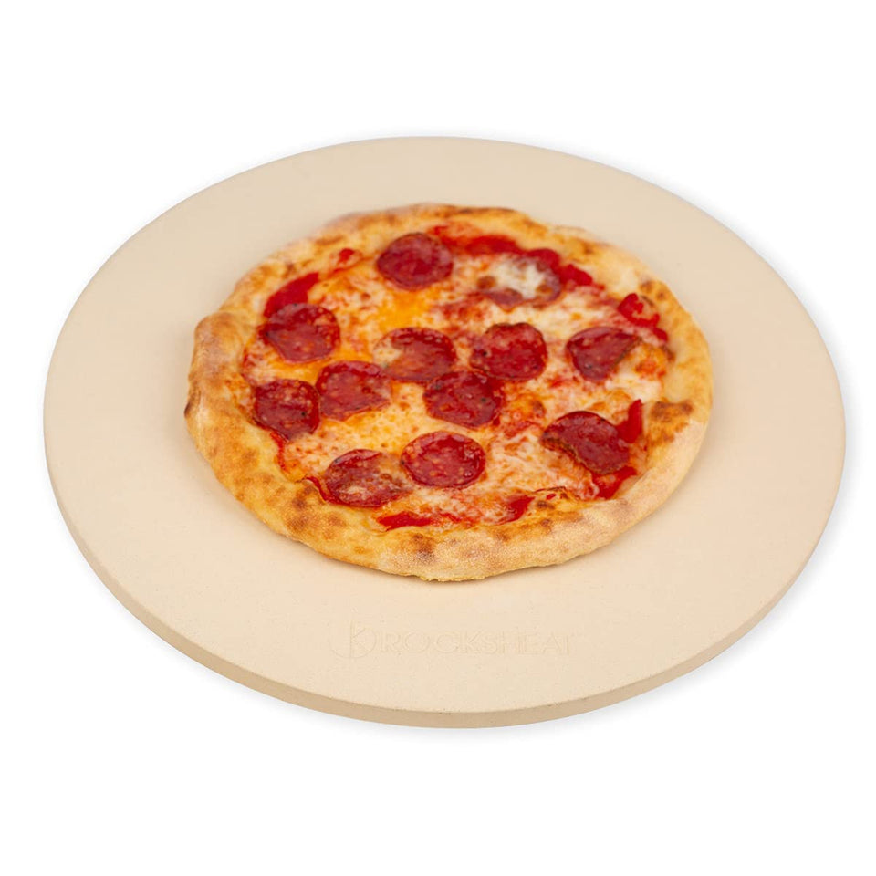 ROCKSHEAT round 16-inch pizza stone for even heat and crisp crust.