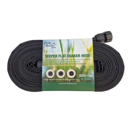 Rocky Mountain Goods 50-foot flat weeper hose in a garden for efficient drip irrigation.