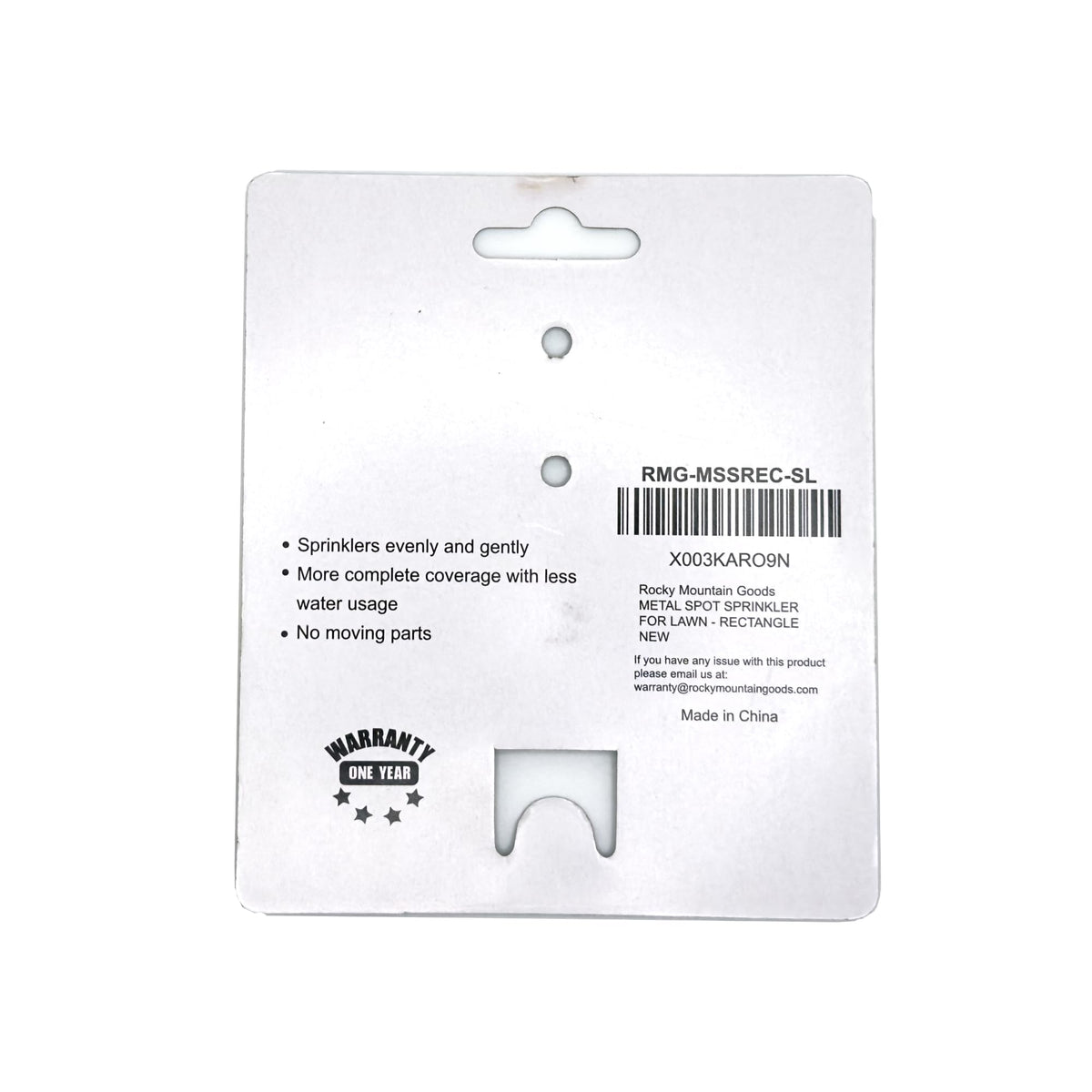 Rocky Mountain Goods rectangle sprinkler close-up showing durable metal construction