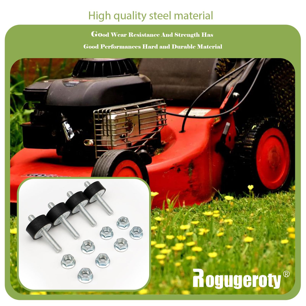 Rogugeroty rubber vibration isolator mount providing damping for smoother operation.