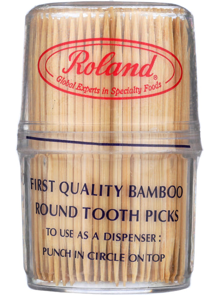 Roland Foods bamboo toothpicks in dispenser for quick serving prep.