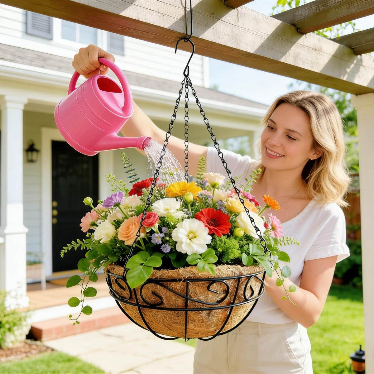 Outdoor garden display using rolanrosa baskets on porch.