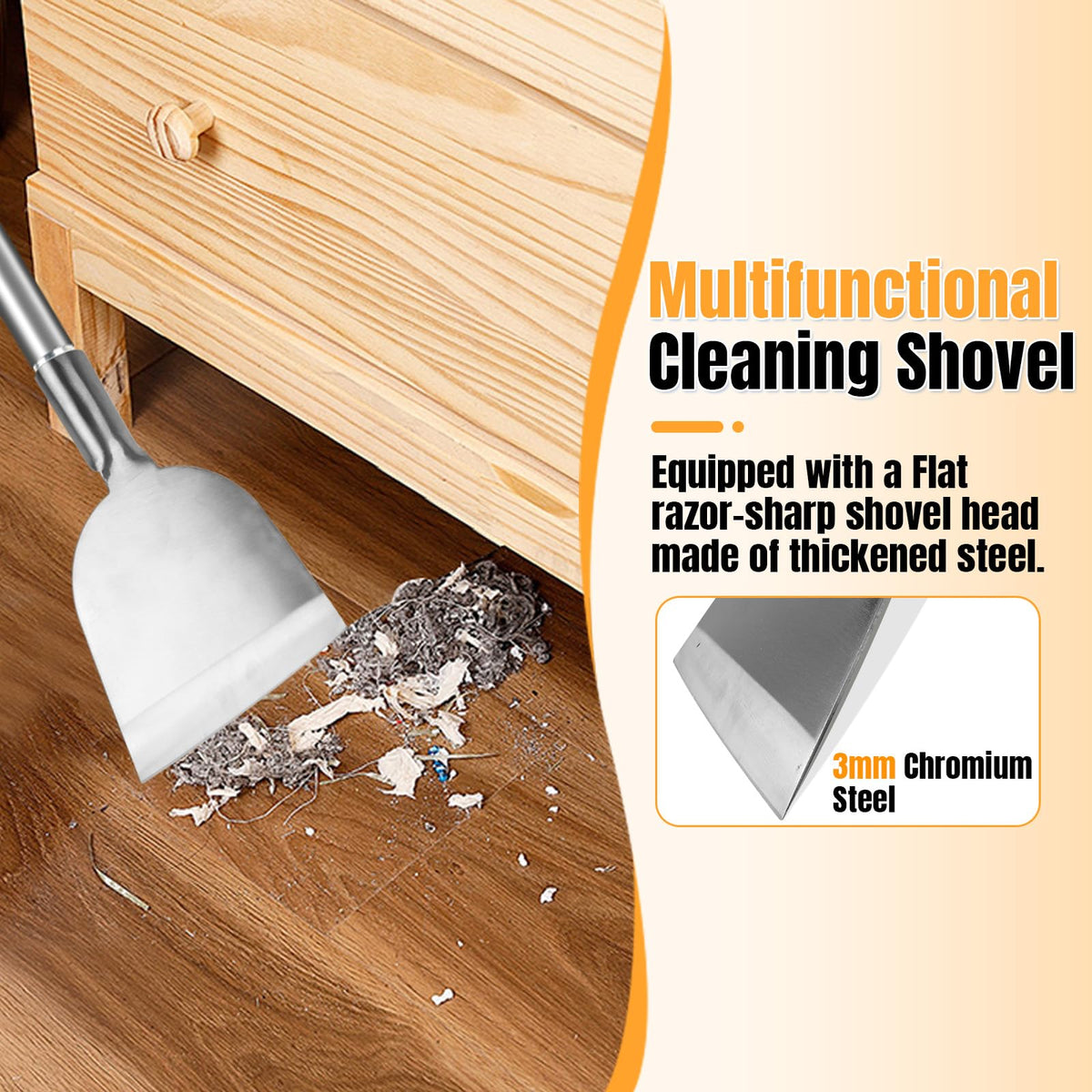 ROLKAR stainless steel cleaning shovel with ergonomic grip for comfortable scraping