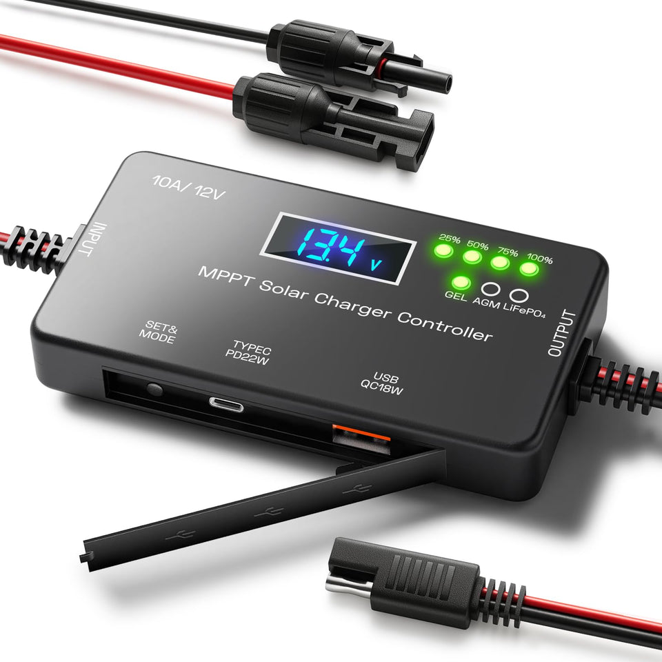 Rolokit MPPT controller with backlit LCD displaying real-time voltage for quick monitoring.