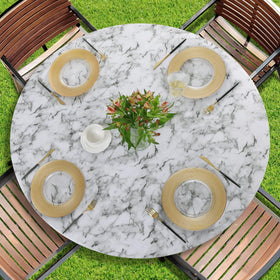 Romanstile round tablecloth with elastic edge and flannel backing for secure outdoor dining